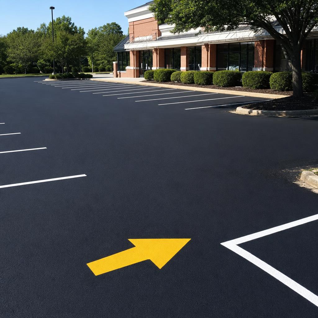 Seal coating in Hartford — freshly sealcoated commercial parking lot with new line striping