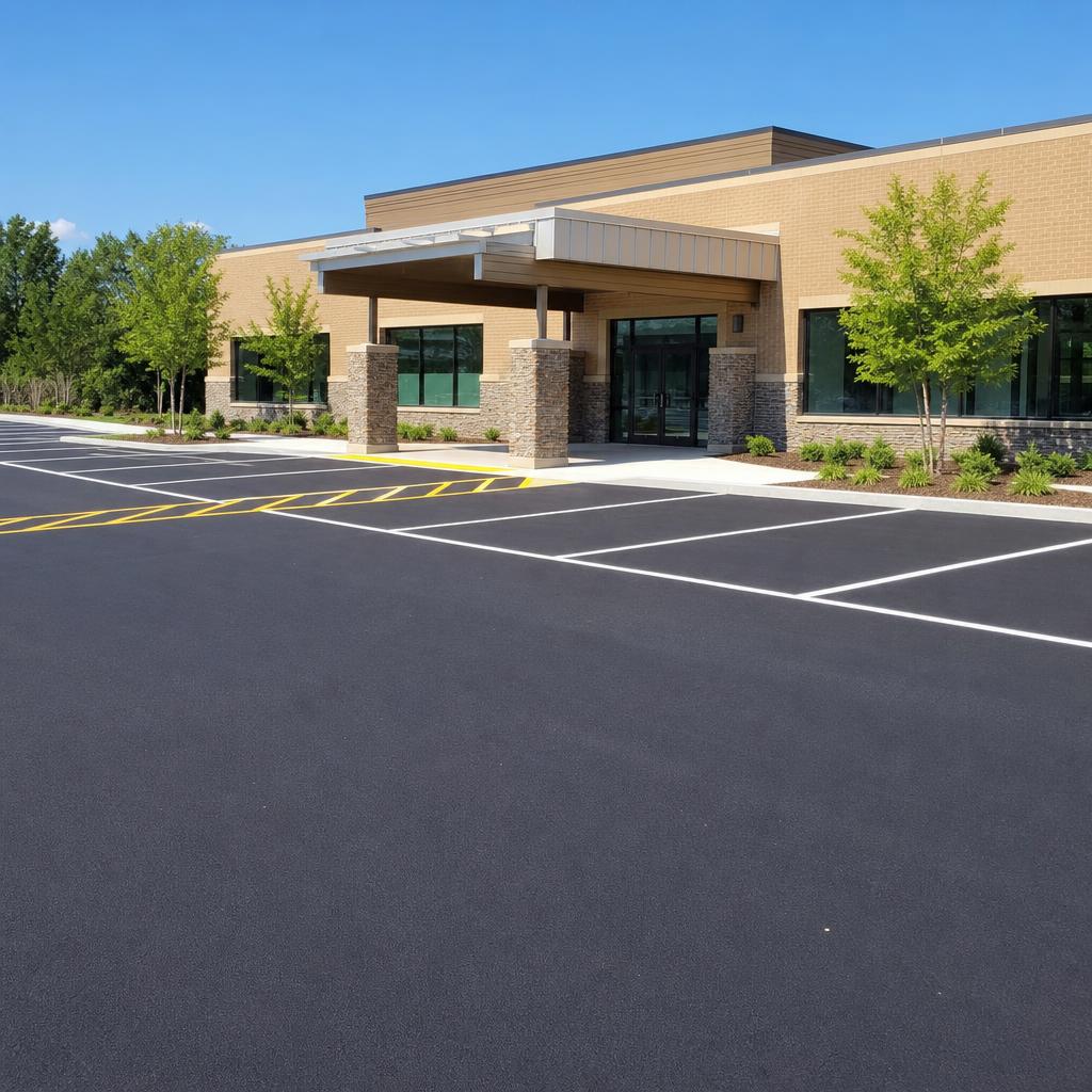 Commercial line marking Hartford Connecticut — medical office lot with new stalls and crosswalk hatching