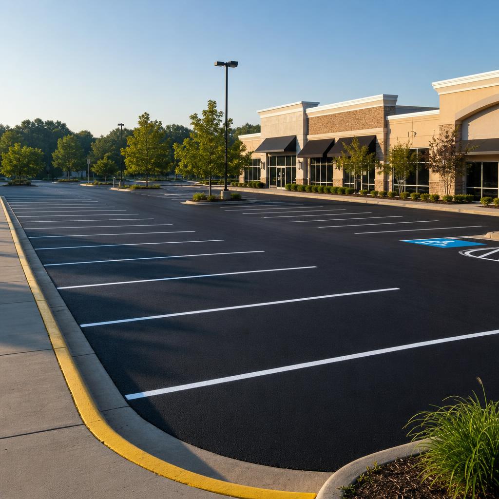 Parking lot sealcoating Hartford CT — shopping center lot with new striping and yellow curb paint