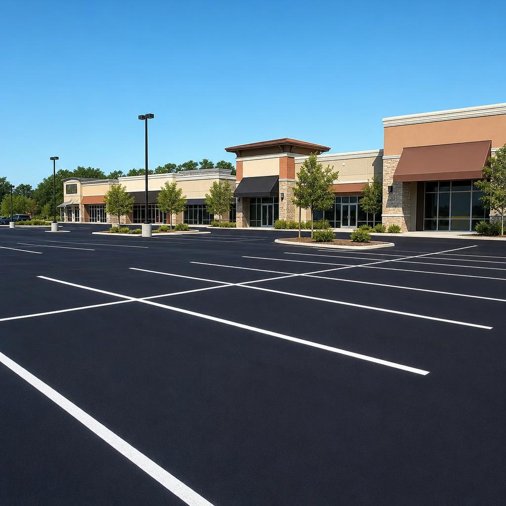 Seal coating in Hartford — commercial plaza car park with fresh black finish and white stalls