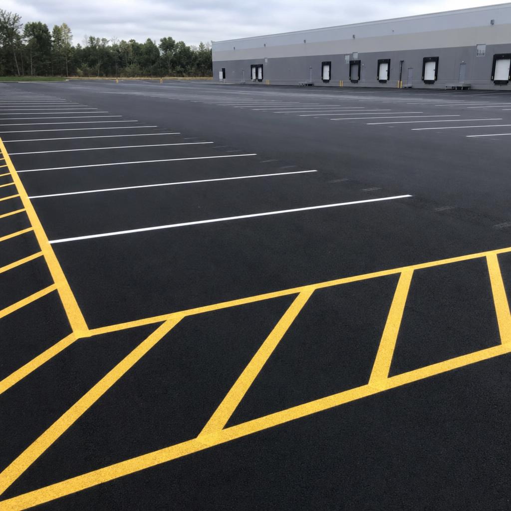 Sealcoated parking lot Hartford — industrial site with new yellow line marking and white striping