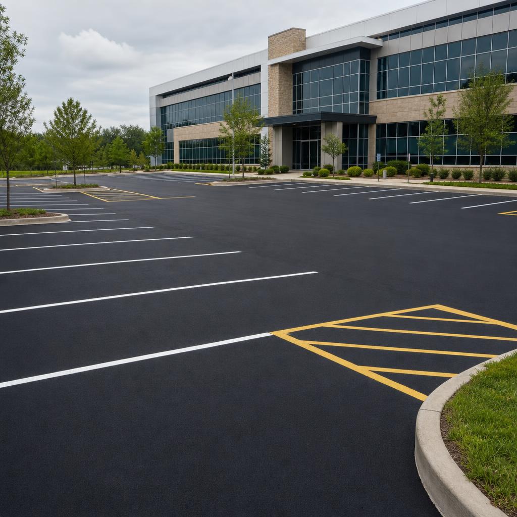 Sealcoated parking lot Hartford — office park with fresh stall lines and yellow safety markings